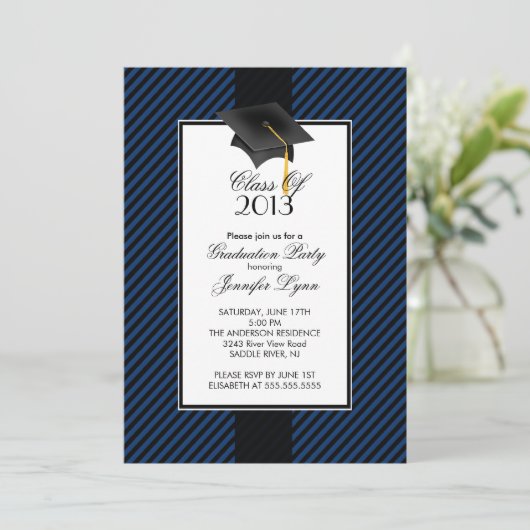 Moderne uitnodiging voor een Blauwe Stripe Gradupe (Staand voorkant)