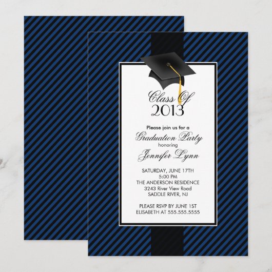Moderne uitnodiging voor een Blauwe Stripe Gradupe (Voorkant / Achterkant)