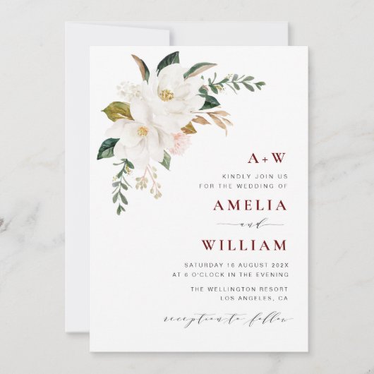 moderne uitnodiging voor een bruiloft met magnolia (Voorkant)