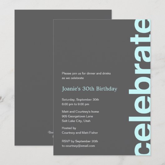 Moderne Uitnodiging Voor Feest - Turquoise (Voorkant / Achterkant)