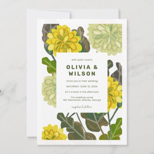 Moderne uitnodiging voor floreel geel en groen huw (Voorkant)