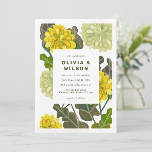 Moderne uitnodiging voor floreel geel en groen huw (Staand voorkant)