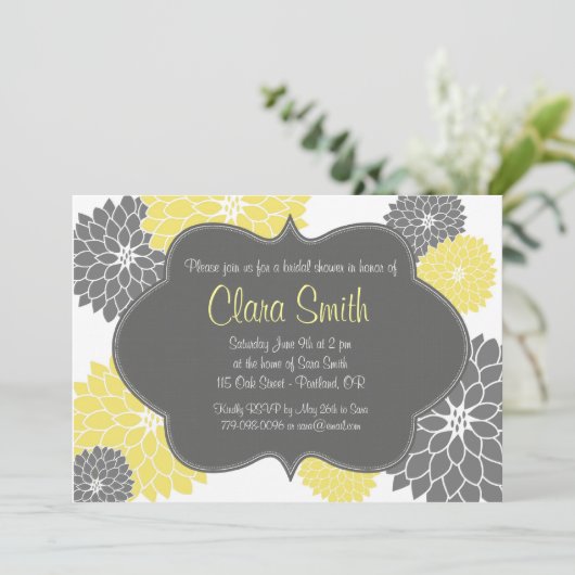 Moderne uitnodiging voor geel en grijs Floral (Staand voorkant)