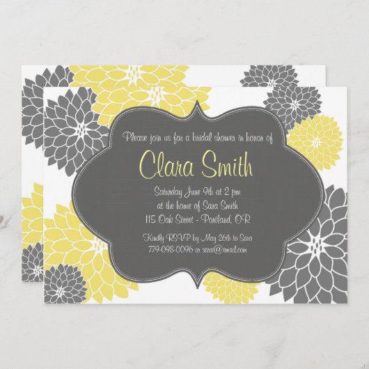 Moderne uitnodiging voor geel en grijs Floral (Voorkant / Achterkant)