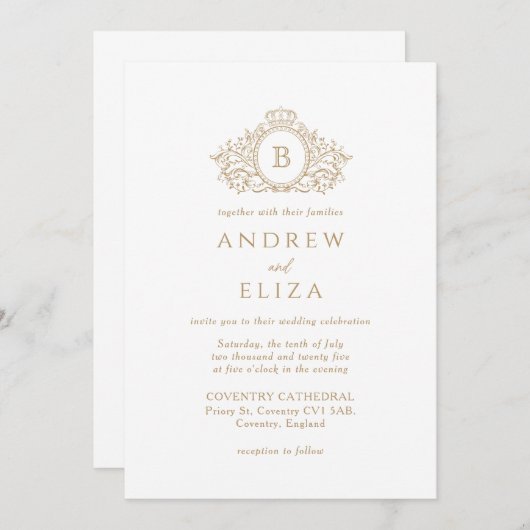 Moderne uitnodiging voor gouden monogram (Voorkant / Achterkant)