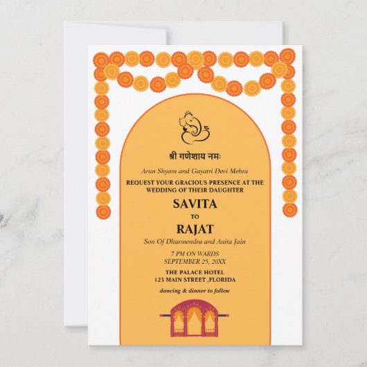Moderne uitnodiging voor Indiase bruiloft (Voorkant)