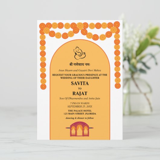 Moderne uitnodiging voor Indiase bruiloft (Staand voorkant)
