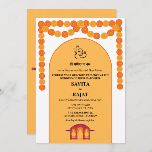 Moderne uitnodiging voor Indiase bruiloft (Voorkant / Achterkant)