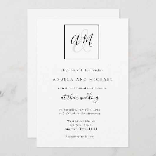 Moderne uitnodiging voor monogram zwart-wit huweli (Voorkant / Achterkant)