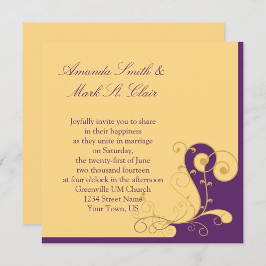 Moderne uitnodiging voor Paarse en gouden bruiloft (Voorkant / Achterkant)