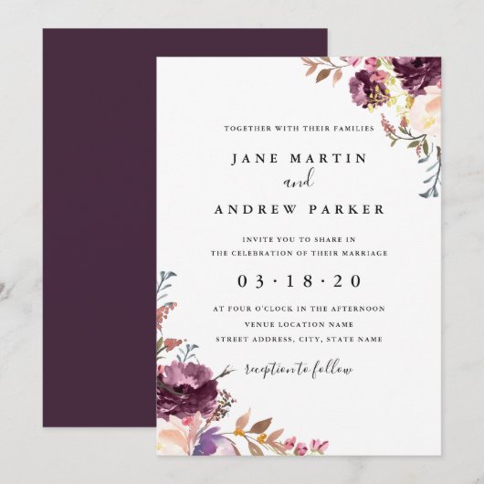Moderne uitnodiging voor Paarse Floral Wedding (Voorkant / Achterkant)