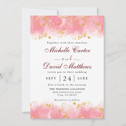 Moderne uitnodiging voor roze en gouden marmer (Voorkant)