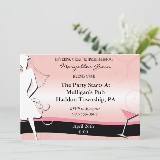 Moderne uitnodiging voor roze en zwarte bacheloret (Staand voorkant)