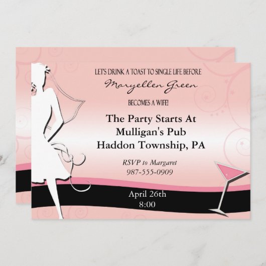 Moderne uitnodiging voor roze en zwarte bacheloret (Voorkant / Achterkant)