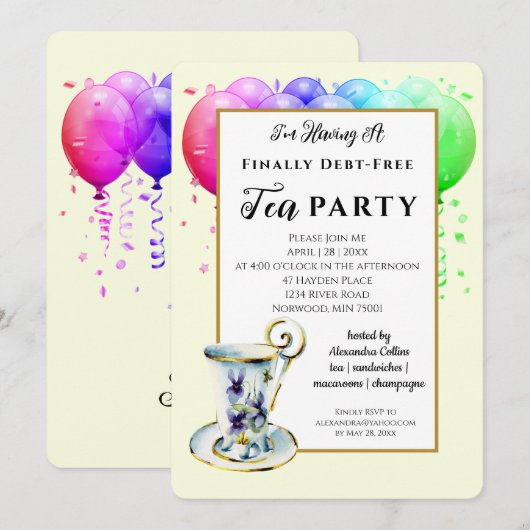 Moderne uitnodiging voor theepartij 'Schuldenvrij' (Voorkant / Achterkant)