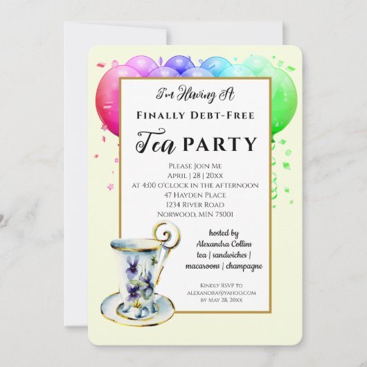 Moderne uitnodiging voor theepartij 'Schuldenvrij' (Voorkant)