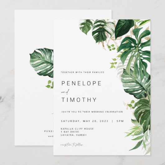 Moderne uitnodiging voor tropische bruiloft Monste (Voorkant / Achterkant)