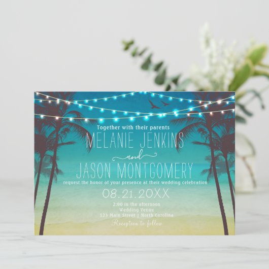 Moderne uitnodiging voor tropische palmbomen voor  (Staand voorkant)