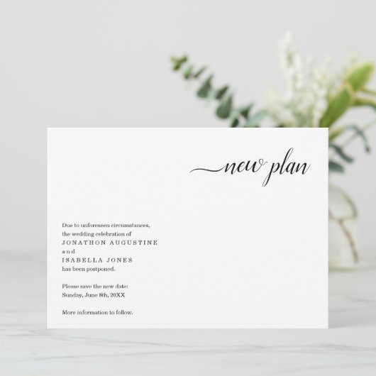 Moderne uitnodiging voor uitstel van de bruiloft (Staand voorkant)