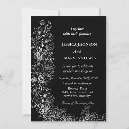 Moderne uitnodiging voor zwarte bruiloft in Wildfl (Voorkant)