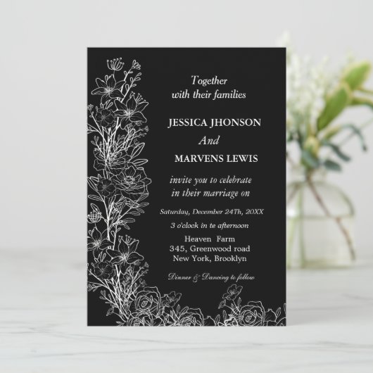 Moderne uitnodiging voor zwarte bruiloft in Wildfl (Staand voorkant)