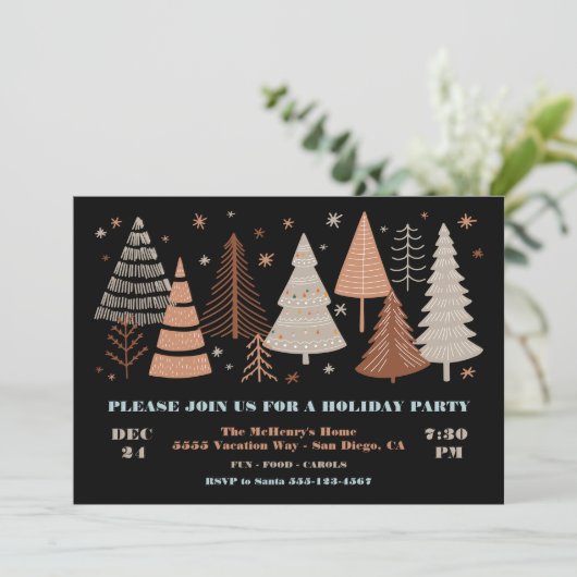 Moderne uitnodiging winterbomen en feestdag (Staand voorkant)