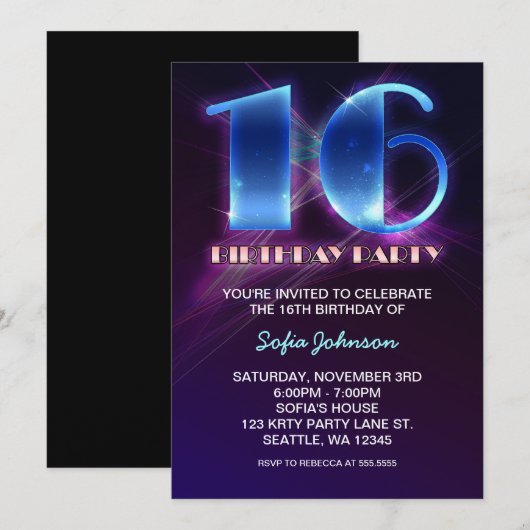 Moderne Uitstekende 16 Verjaardag Uitnodigingen (Voorkant / Achterkant)