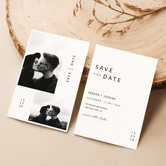 Moderne ultra minimalistische 2 foto bruiloft save the date
