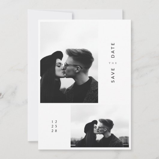 Moderne ultra minimalistische 2 foto bruiloft save the date (Voorkant)