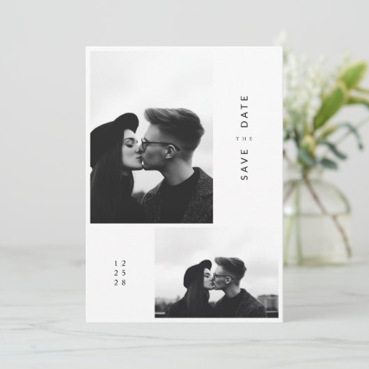 Moderne ultra minimalistische 2 foto bruiloft save the date (Staand voorkant)