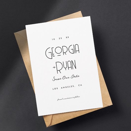 Moderne ultra minimalistische effen art deco bruil save the date