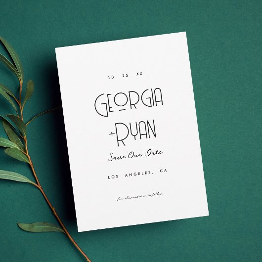 Moderne ultra minimalistische effen art deco bruil save the date