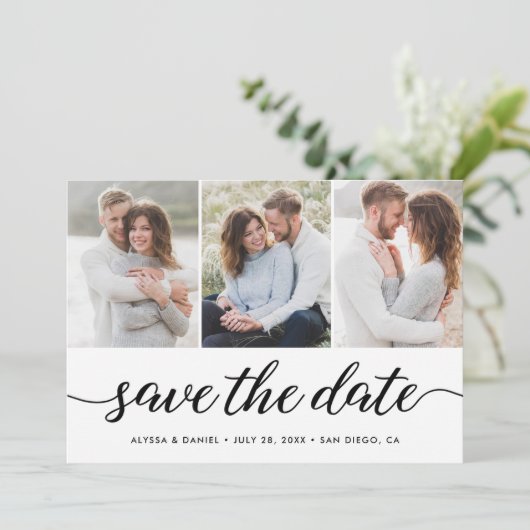 Moderne unieke 3 foto's Wedding Modern script Save The Date (Staand voorkant)
