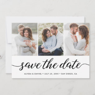 Moderne unieke 3 foto's Wedding Modern script Save The Date
