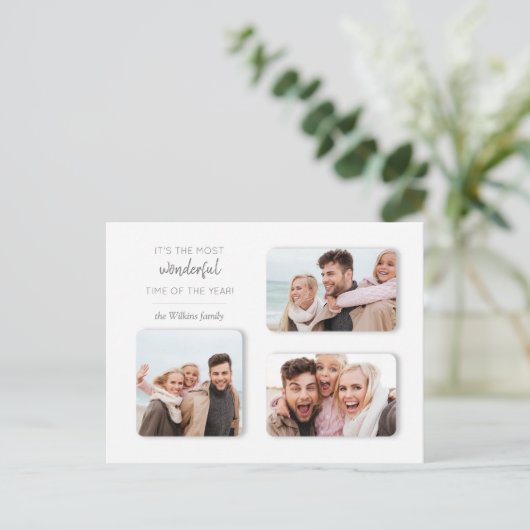 Moderne unieke feestdag, 3-foto Dimensional Grid Feestdagenkaart (Staand voorkant)