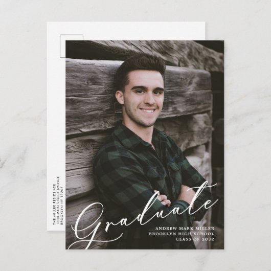 Moderne Unieke Manuscript bekleding Twee Afstudere Aankondigingskaart (Voorkant / Achterkant)