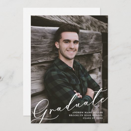 Moderne unieke scriptoverlay twee foto afstuderen  aankondiging (Voorkant / Achterkant)