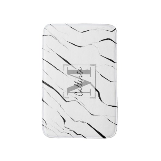 Moderne, unieke zwarte witte marmer monogram badmat (Voorkant Verticaal)