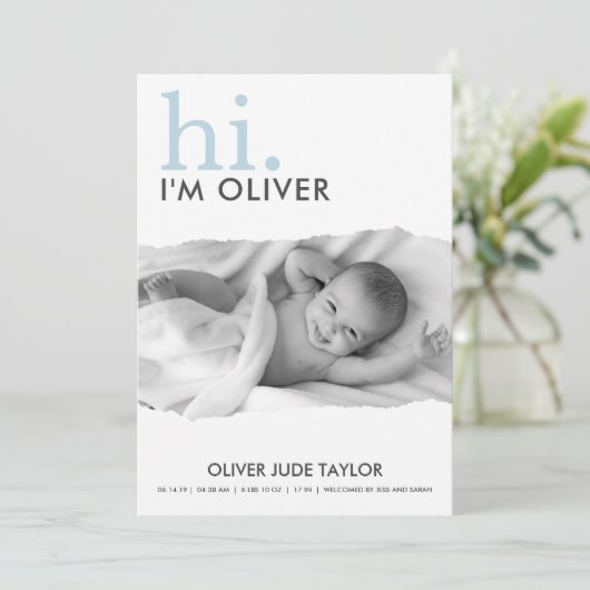 Moderne Uw Foto Gescheurd Papier Geboorteaankondig Kaart (Staand voorkant)
