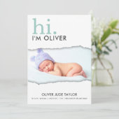 Moderne Uw Foto Gescheurd Papier Geboorteaankondig Kaart (Staand voorkant)