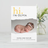 Moderne Uw Foto Gescheurd Papier Geboorteaankondig Kaart (Staand voorkant)