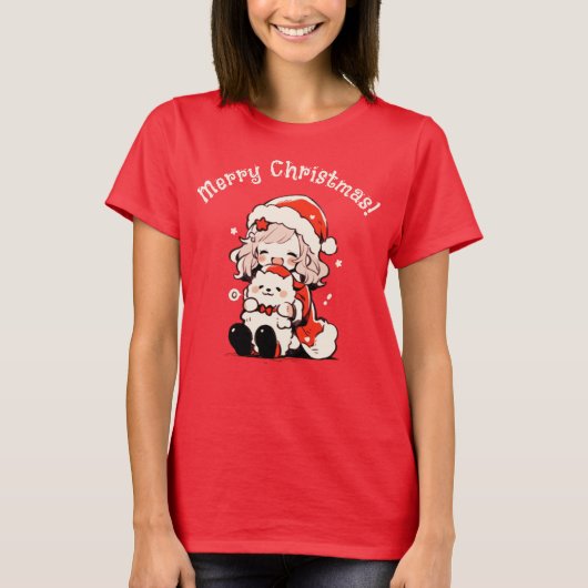 Moderne Vakantie Whimsical Meisje met Hond Kerstmi T-shirt (Voorkant)