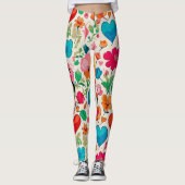 Moderne Valentijn's Day bloemen en harten monogram Leggings (Voorkant)