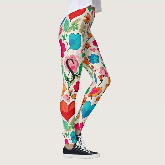 Moderne Valentijn's Day bloemen en harten monogram Leggings