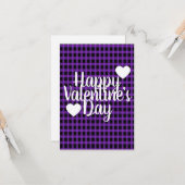Moderne Valentijnsdag Hart Paars Zwart Geruit Kaart (Voorkant / Achterkant in situ)