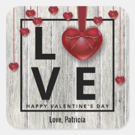 Moderne Valentijnsdag LOVE Red Hearts Rustic Vierkante Sticker