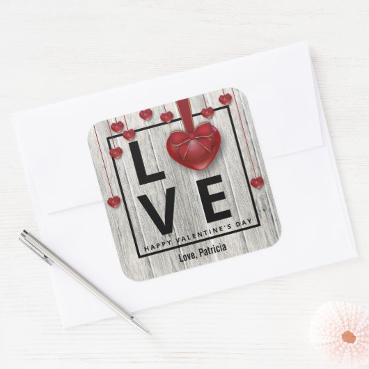 Moderne Valentijnsdag LOVE Red Hearts Rustic Vierkante Sticker (Envelop)