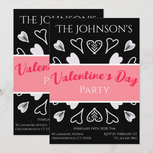 Moderne Valentijnsdag Party Zwart en Wit Roze Kaart (Voorkant / Achterkant)