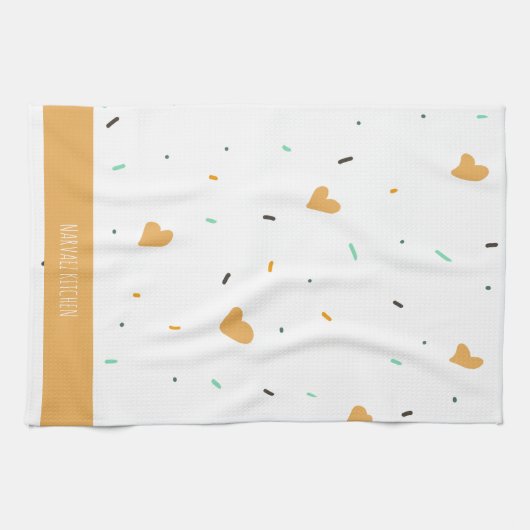 Moderne Valentijnsdag Sprinkle Hearts Mustard Theedoek (Horizontaal)