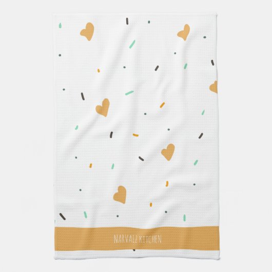 Moderne Valentijnsdag Sprinkle Hearts Mustard Theedoek (Verticaal)